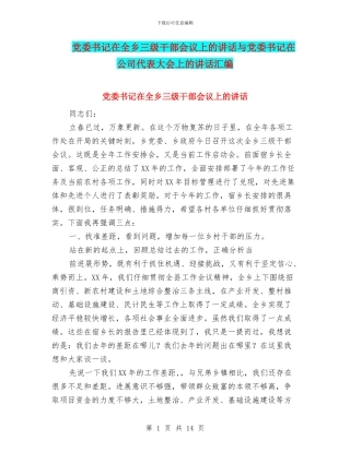 党委书记在全乡三级干部会议上的讲话与党委书记在公司代表大会上的讲话汇编