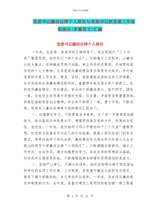 党委书记廉洁自律个人报告与党委书记抓党建工作述职报告汇编