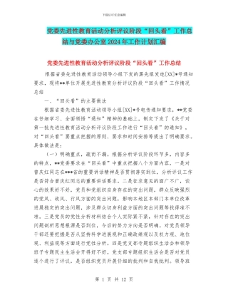 党委先进性教育活动分析评议阶段“回头看”工作总结与党委办公室2024年工作计划汇编
