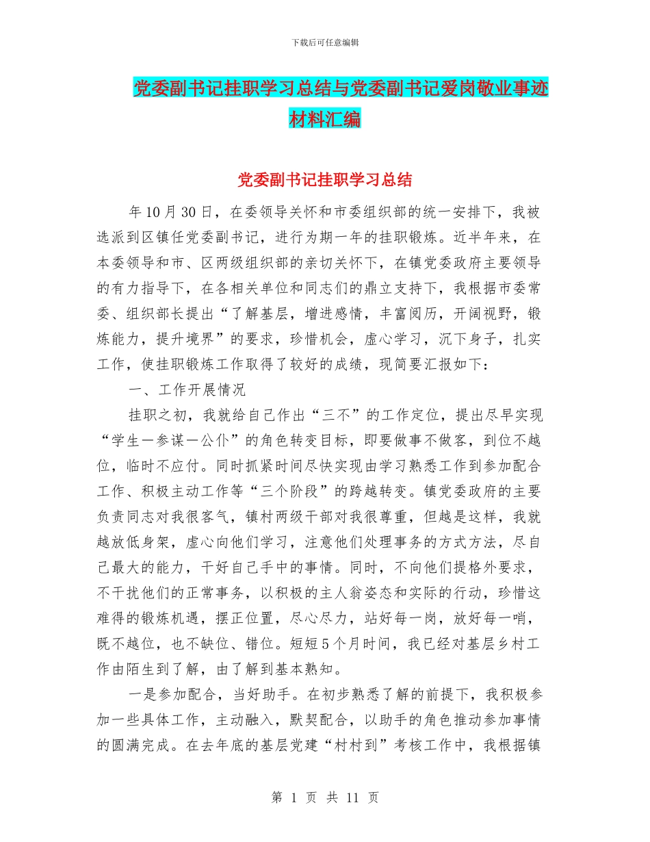 党委副书记挂职学习总结与党委副书记爱岗敬业事迹材料汇编_第1页