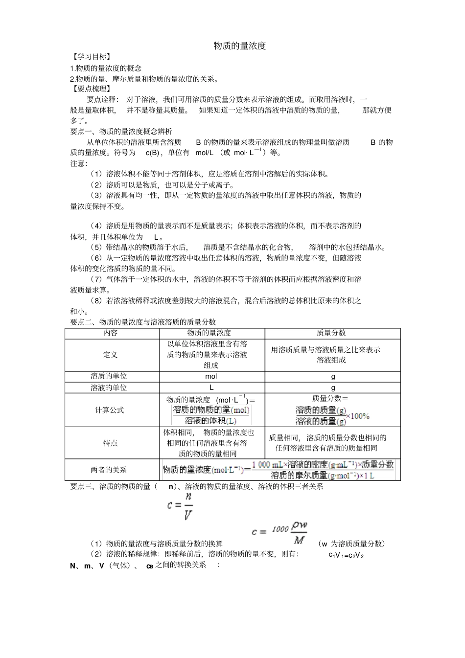 人教版高一化学物质的量浓度知识点总结导学案_第1页