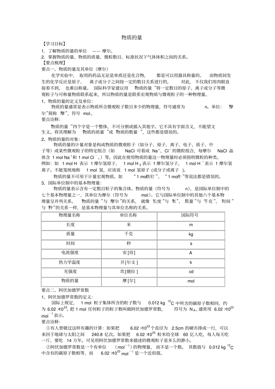人教版高一化学物质的量知识点总结大全导学案_第1页