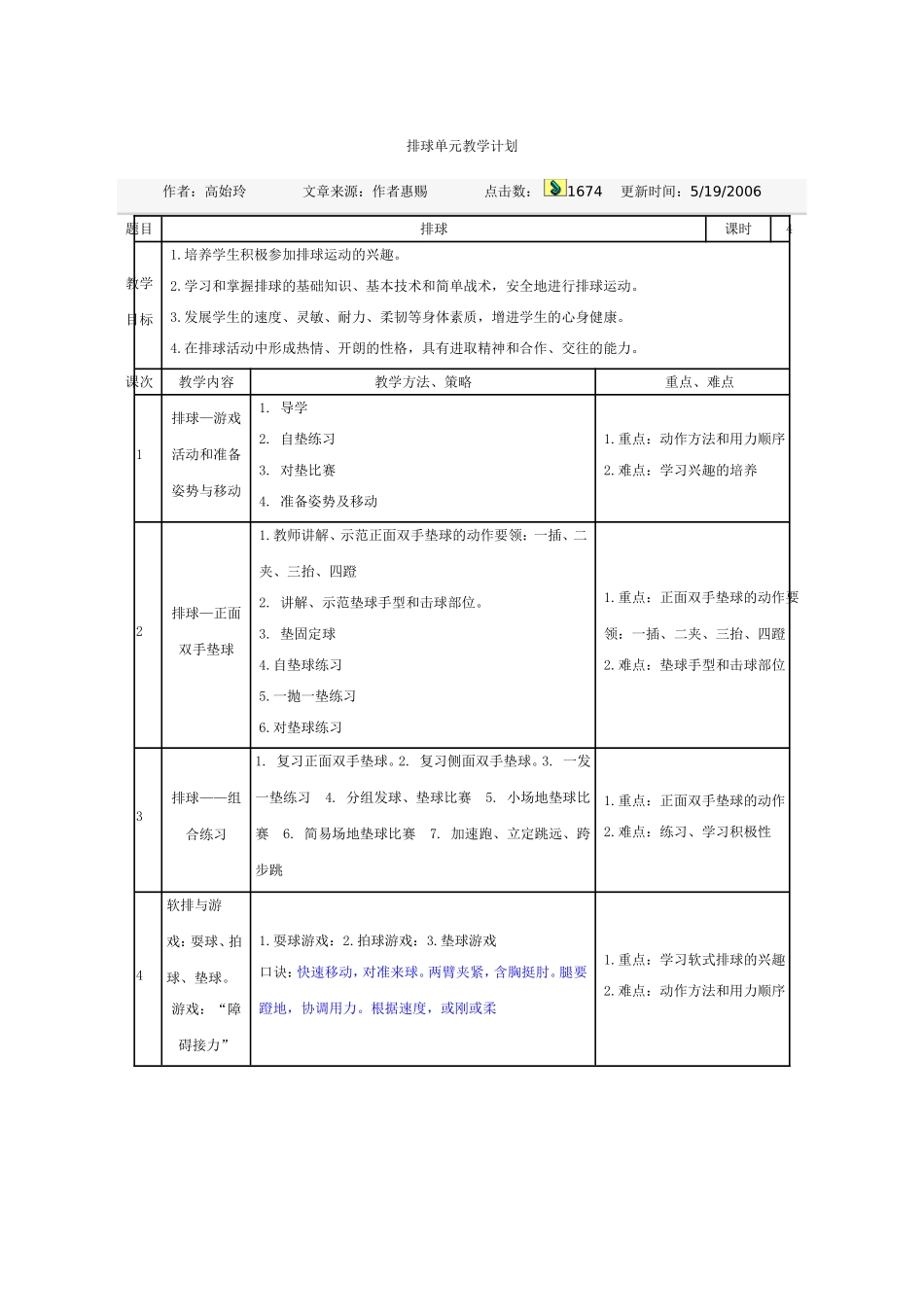 排球单元教学计划_第1页