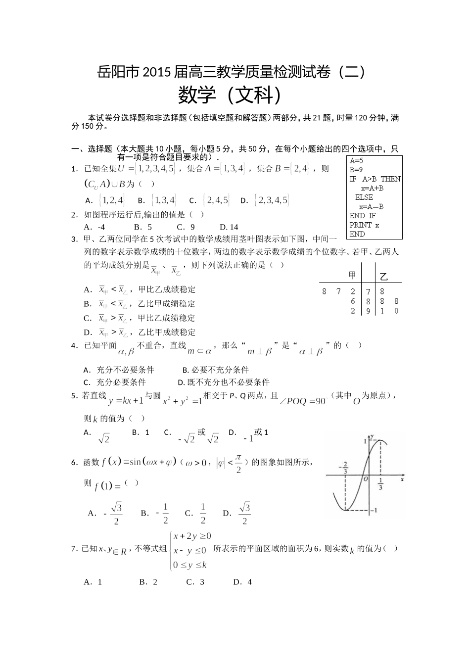 湖南省岳阳市2015届高三质量检测（二）（数学文）[来源：学优高考网751678]_第1页
