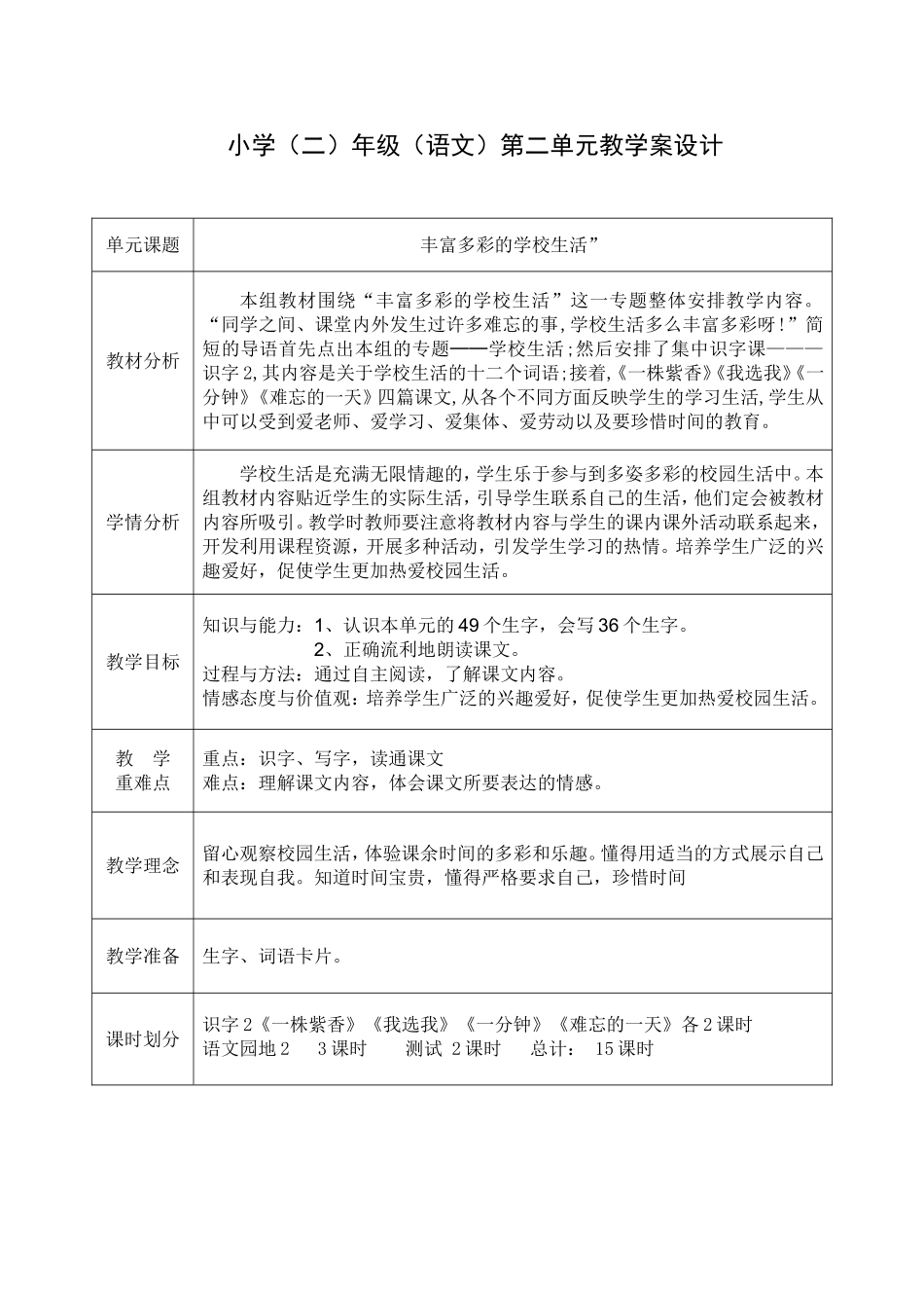 小学(二)年级（语文）第二单元教学案设计_第1页