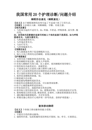我国常用20个护理诊断问题