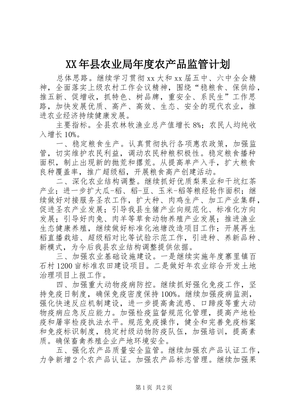 XX年县农业局年度农产品监管计划_第1页