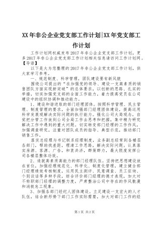 XX年非公企业党支部工作计划-XX年党支部工作计划