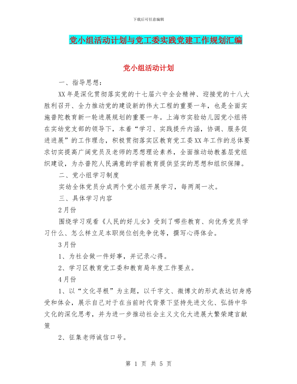 党小组活动计划与党工委实践党建工作规划汇编_第1页