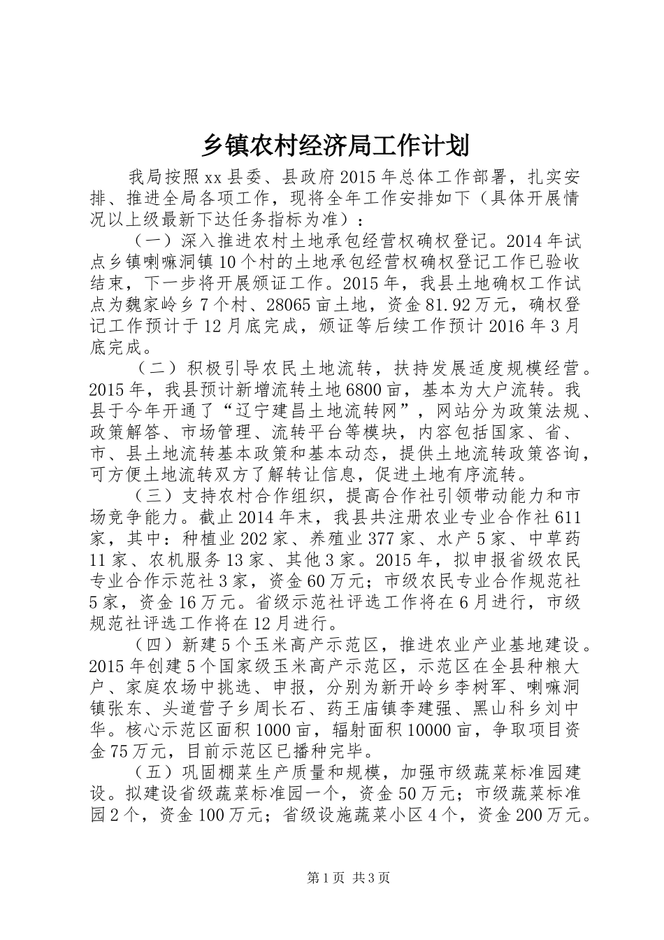 乡镇农村经济局工作计划_第1页