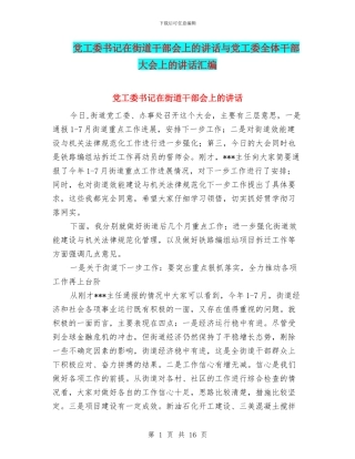 党工委书记在街道干部会上的讲话与党工委全体干部大会上的讲话汇编