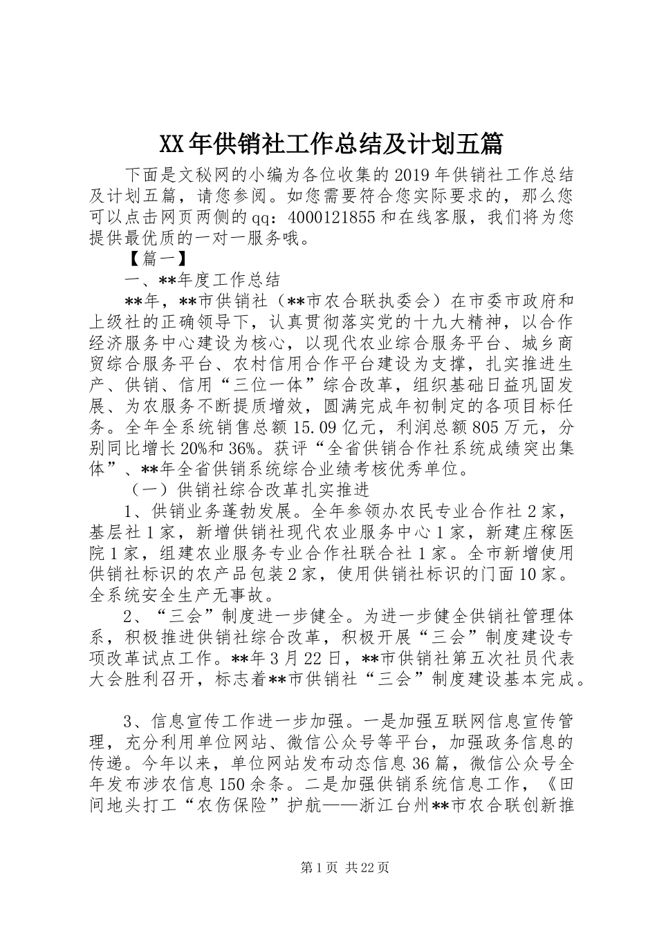 XX年供销社工作总结及计划五篇_第1页