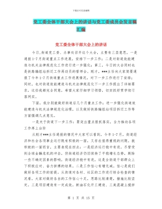 党工委全体干部大会上的讲话与党工委成员会发言稿汇编