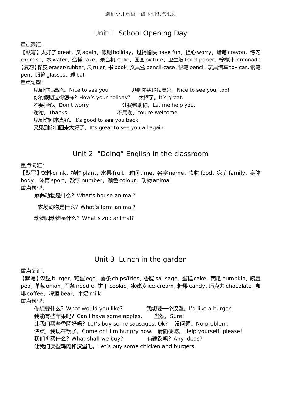 剑桥少儿英语一级下知识点汇总_第1页