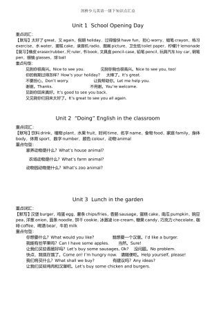 剑桥少儿英语一级下知识点汇总