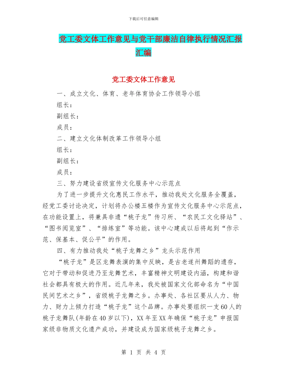 党工委文体工作意见与党干部廉洁自律执行情况汇报汇编_第1页