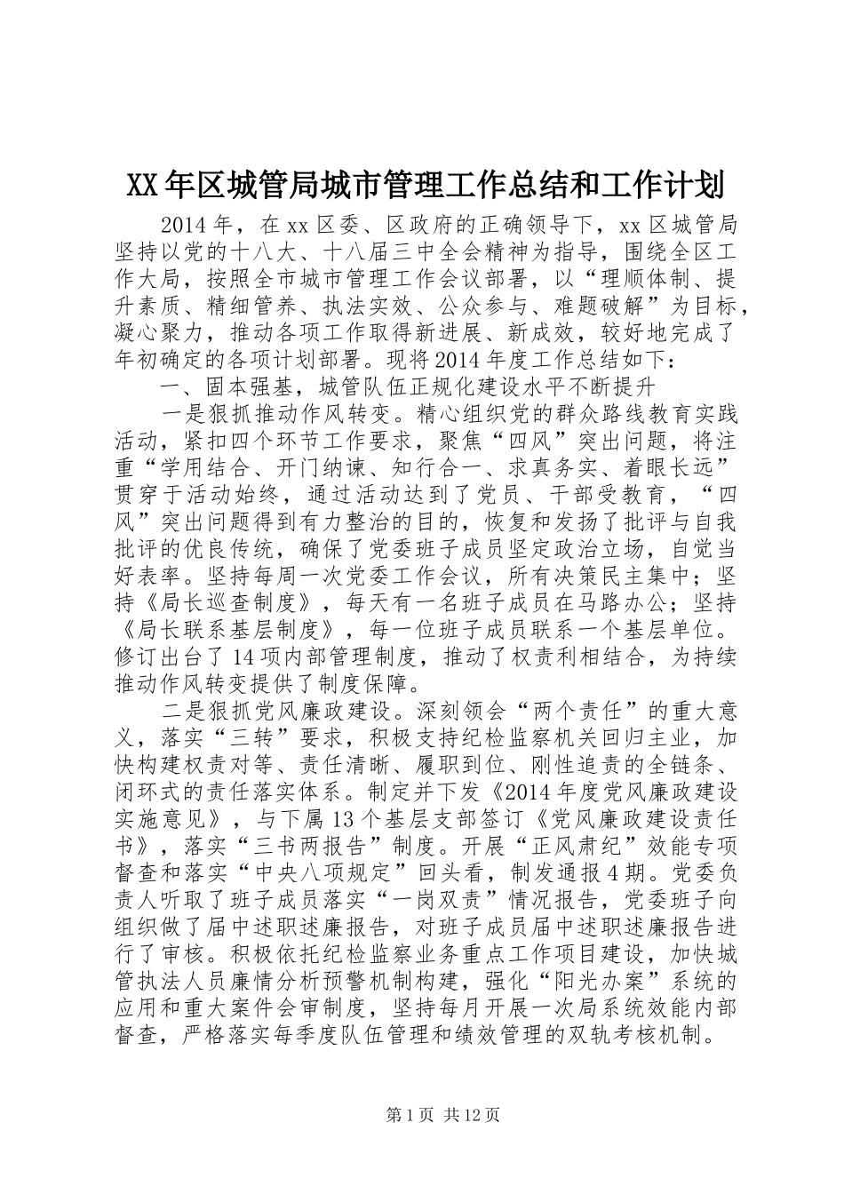 XX年区城管局城市管理工作总结和工作计划_第1页