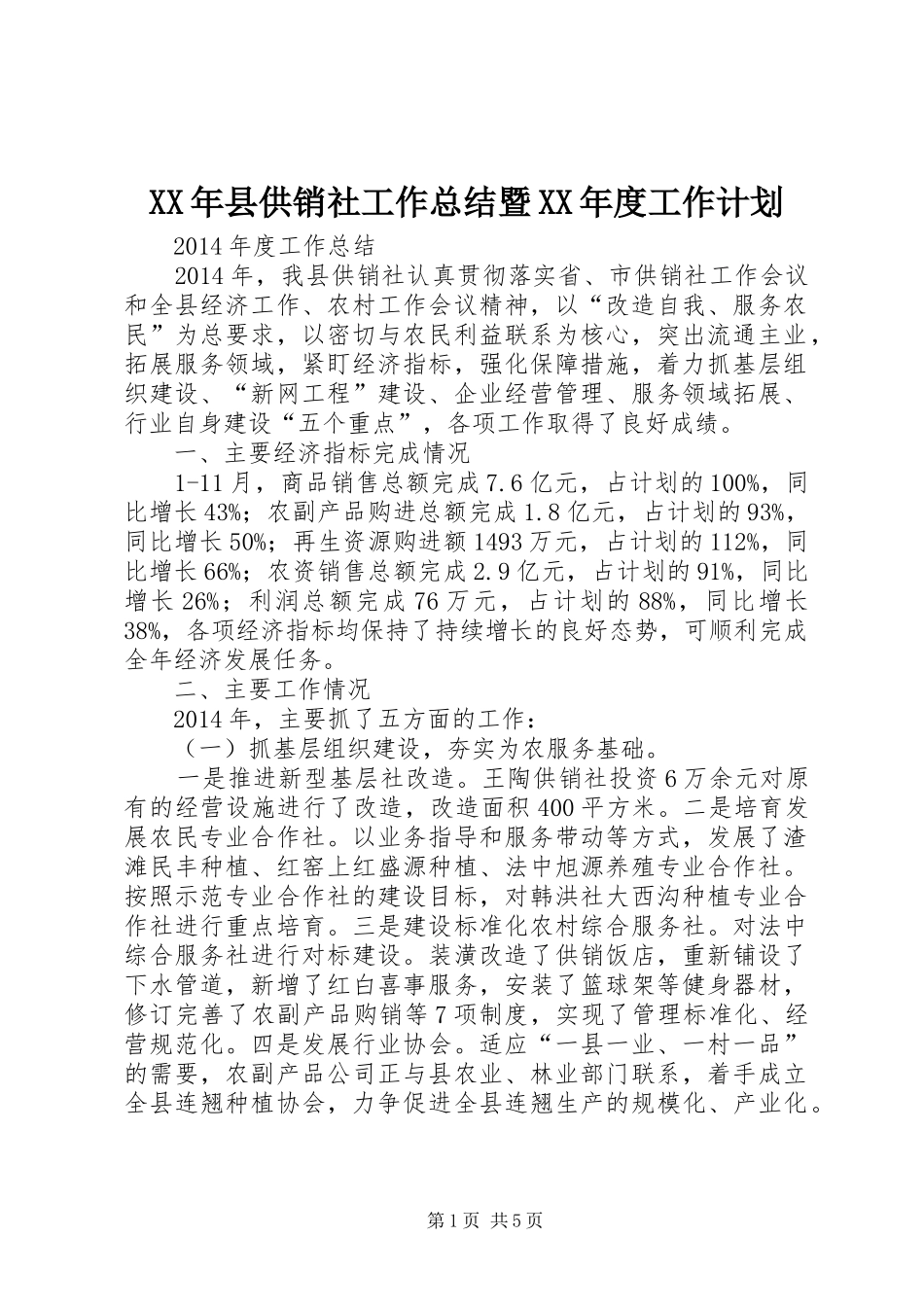XX年县供销社工作总结暨XX年度工作计划_第1页