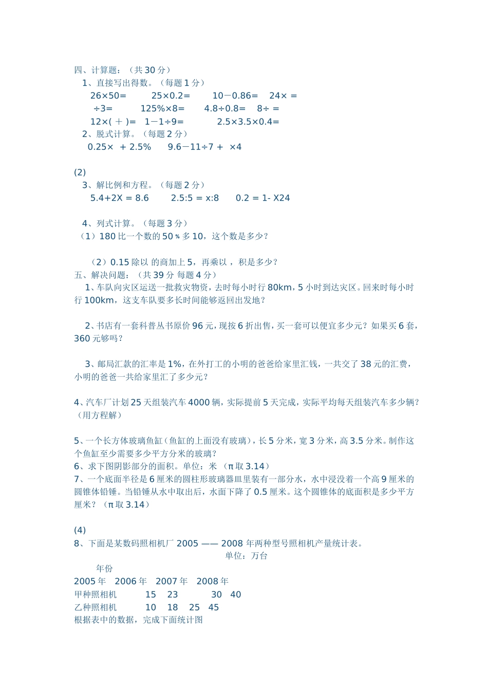 小学六年级数学毕业模拟试题_第2页