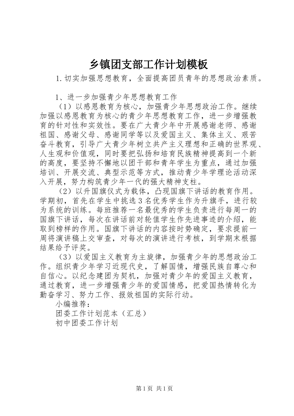 乡镇团支部工作计划模板_第1页