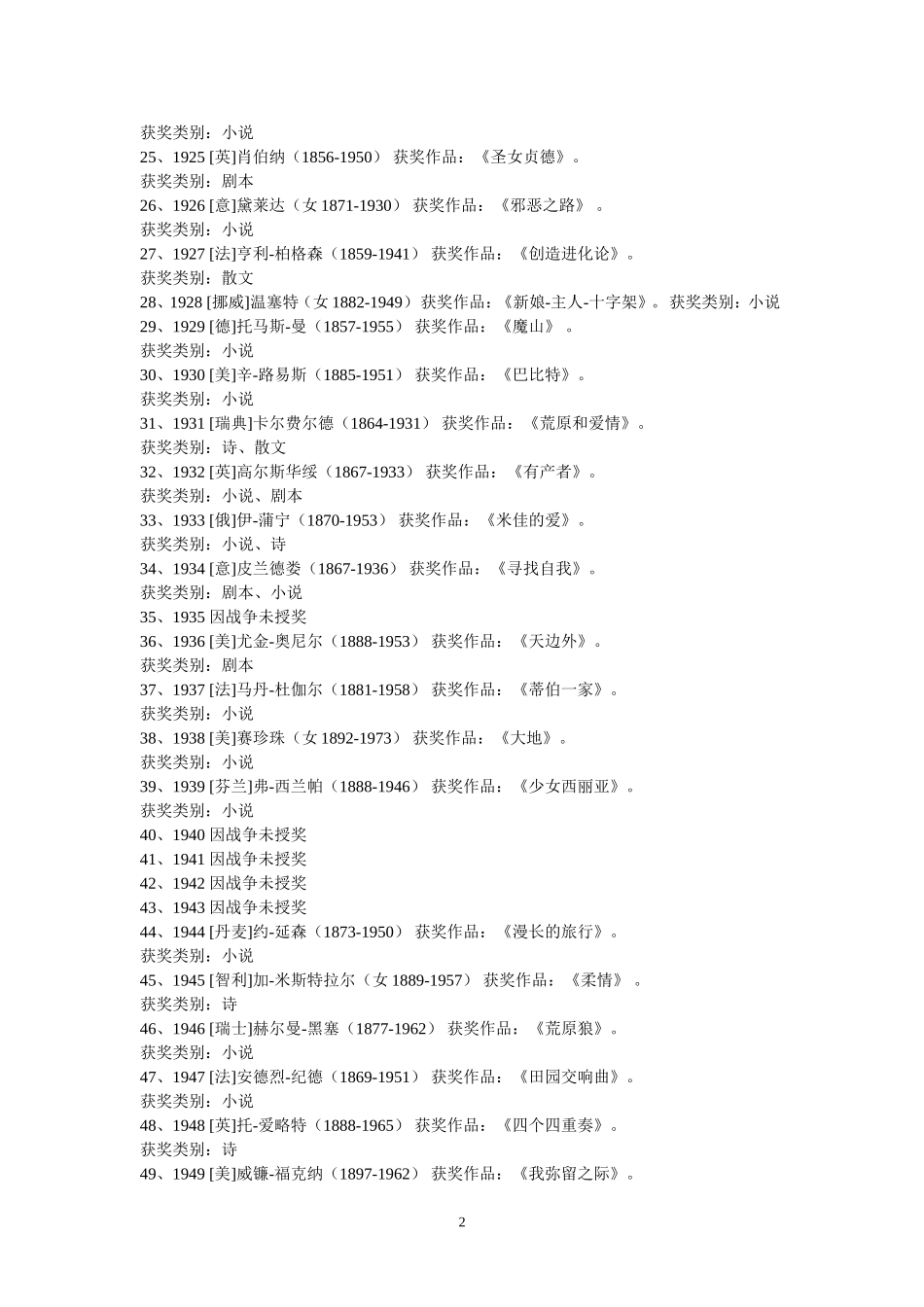历届诺贝尔文学奖获得者及作品_第2页