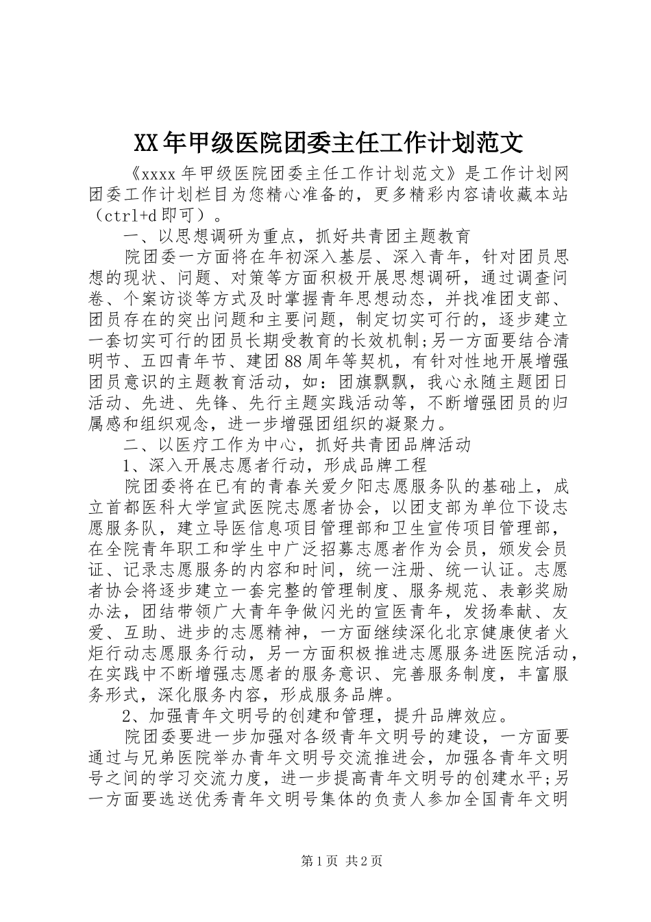 XX年甲级医院团委主任工作计划范文_第1页