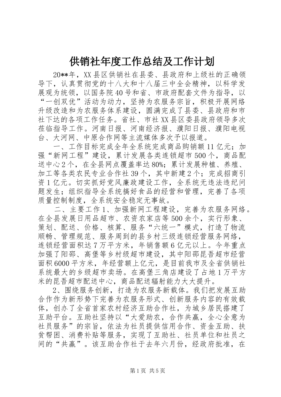 供销社年度工作总结及工作计划_第1页