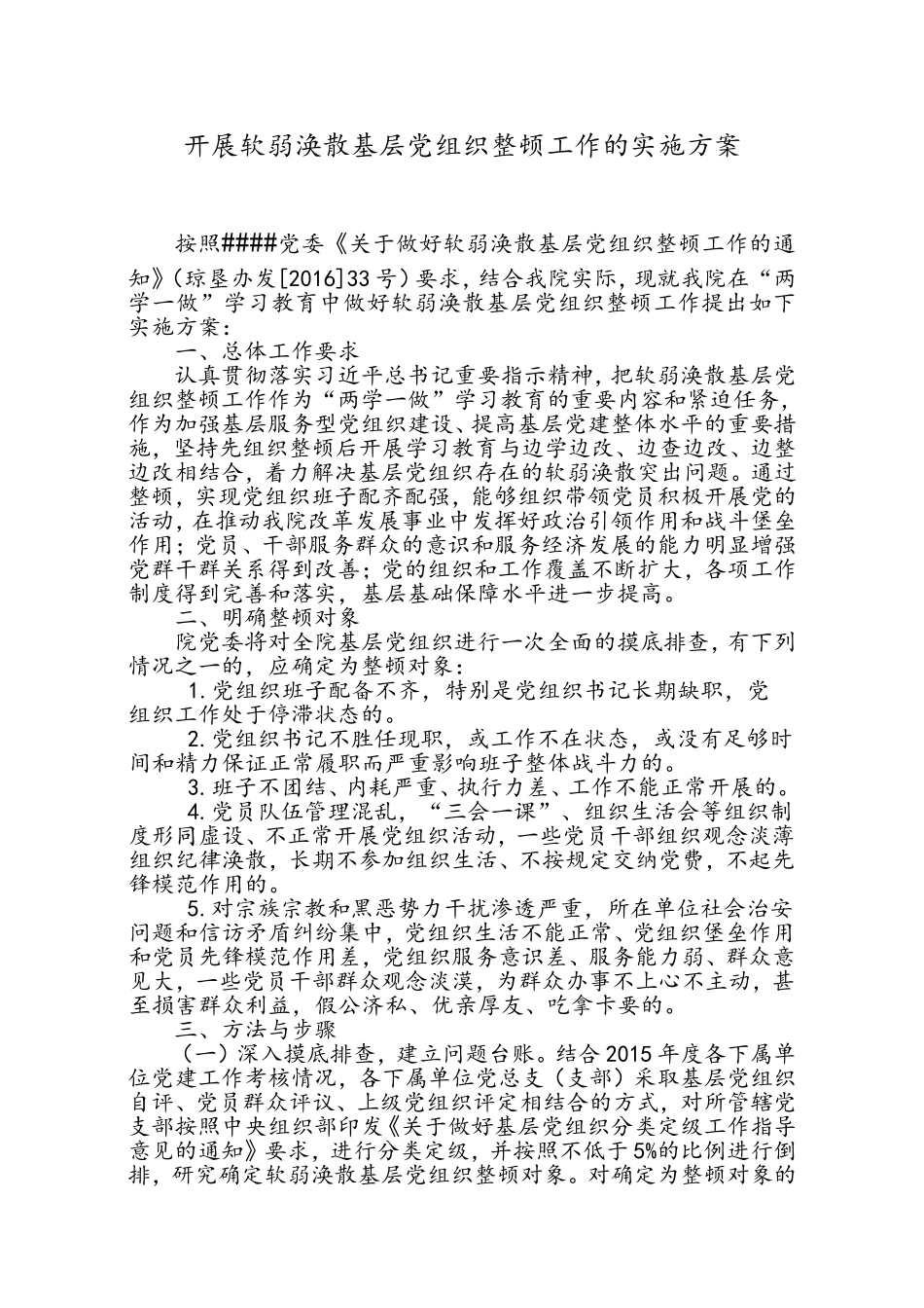 某院软弱涣散基层党组织整顿工作实施方案_第1页