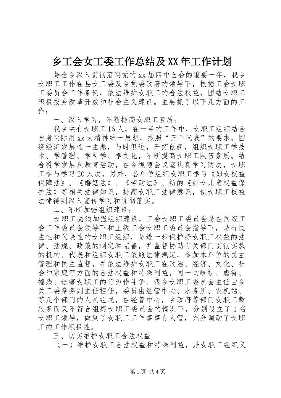 乡工会女工委工作总结及XX年工作计划_第1页