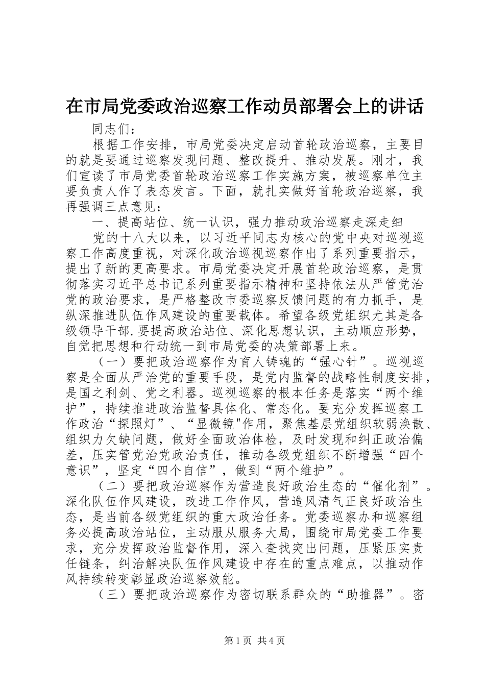在市局党委政治巡察工作动员部署会上的讲话_第1页