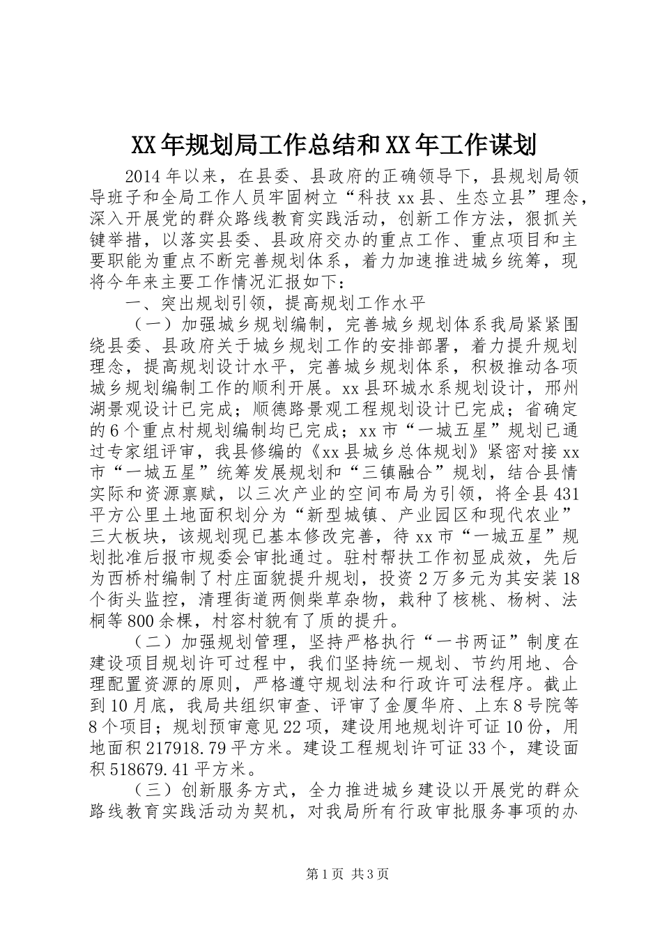 XX年规划局工作总结和XX年工作谋划_第1页