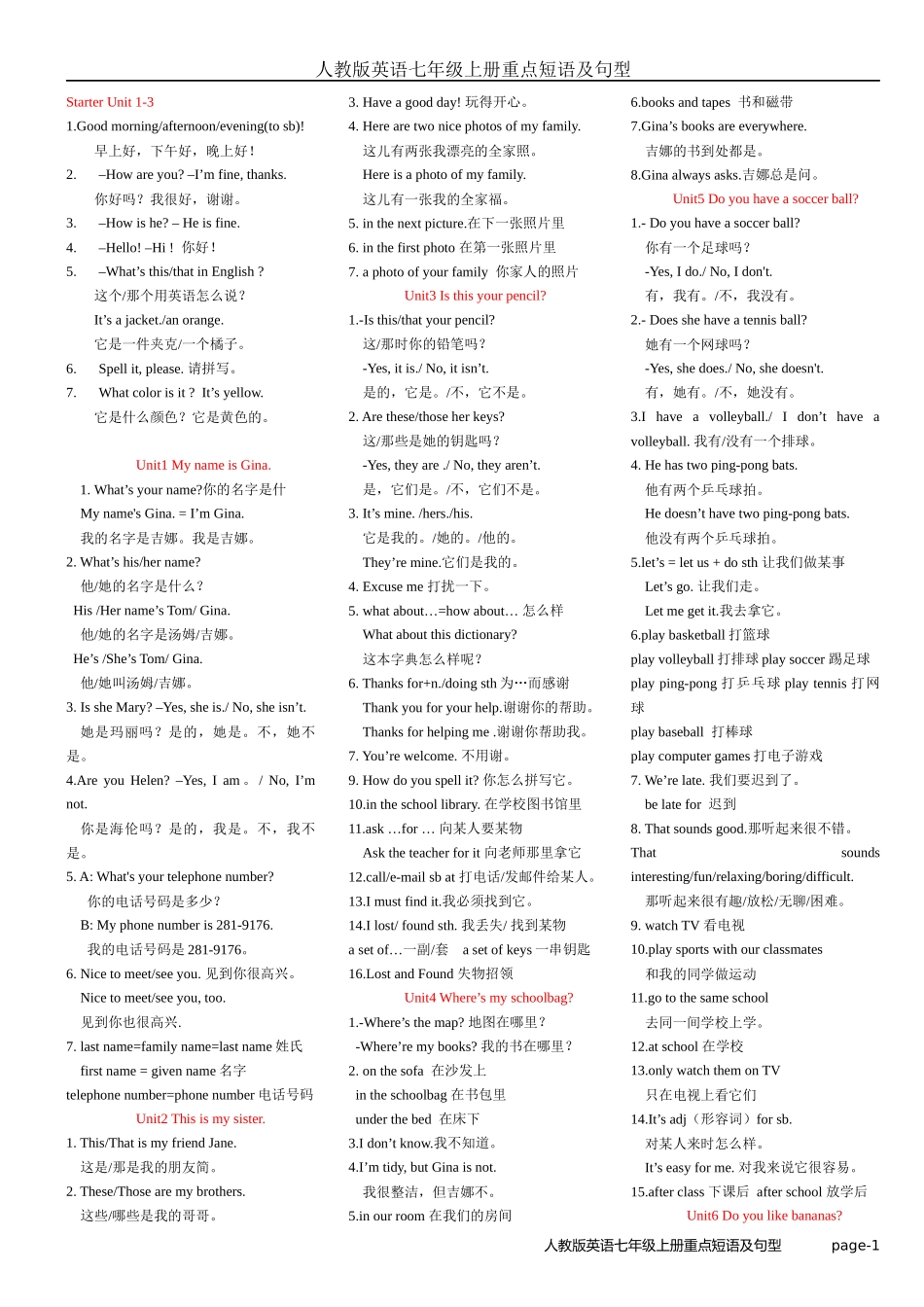 人教版英语七年级上册重点短语及句型_第1页