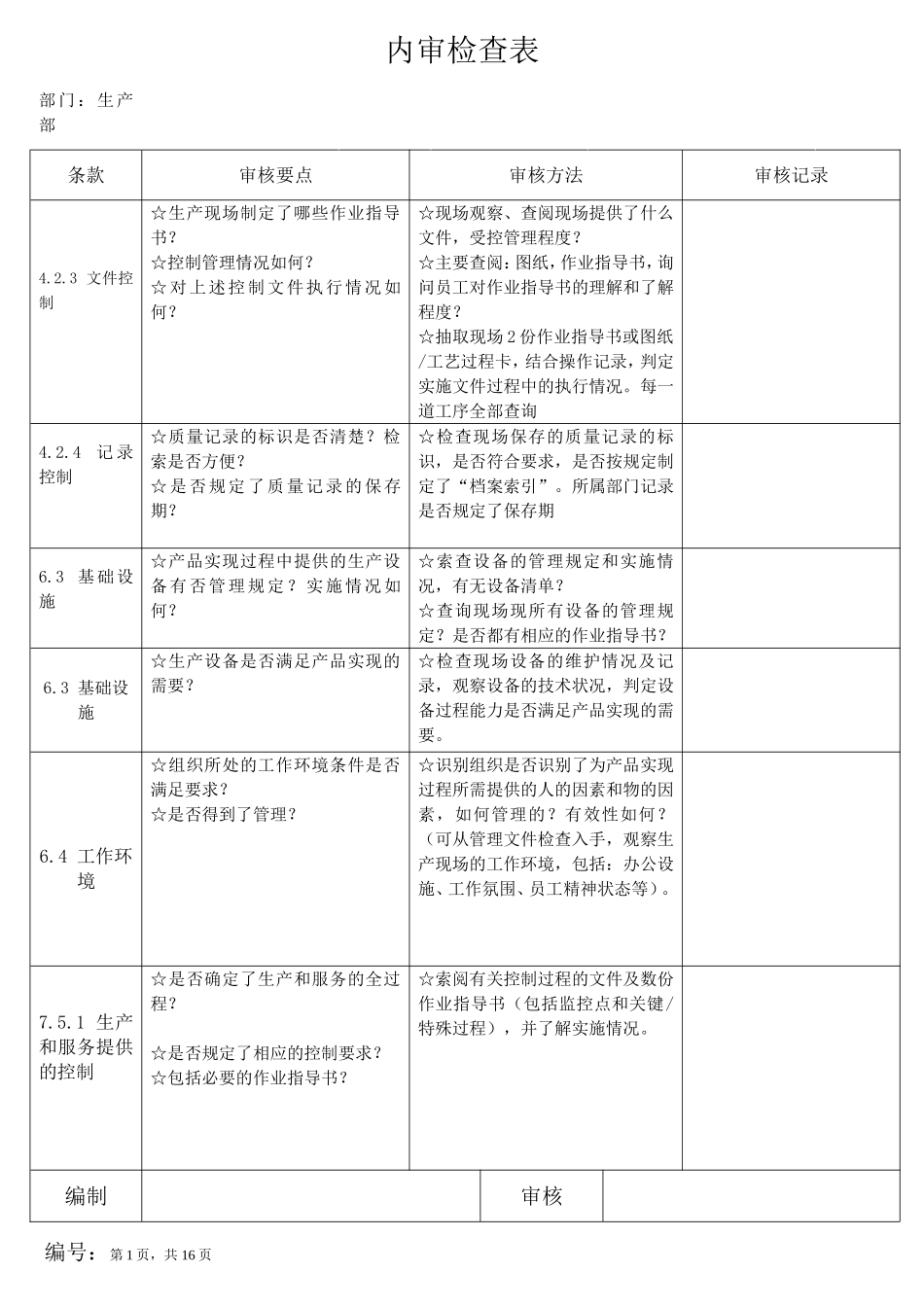 各部门内审检查表_第1页