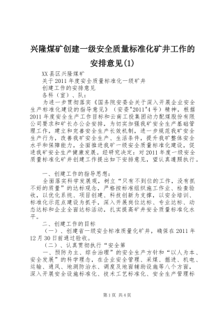 兴隆煤矿创建一级安全质量标准化矿井工作的安排意见(1)