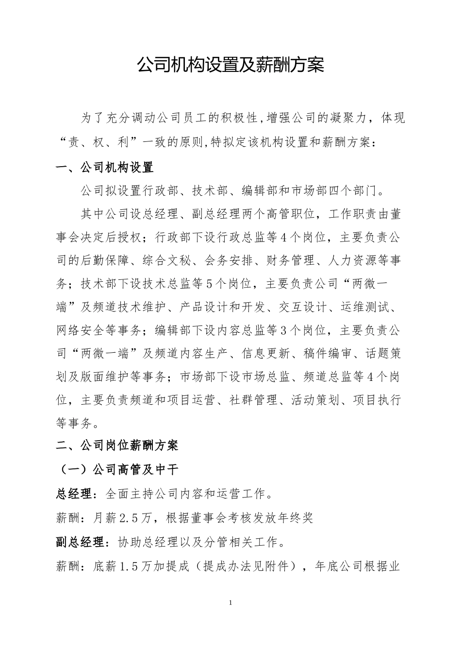 新媒体公司机构设置、薪酬方案及激励机制_第1页