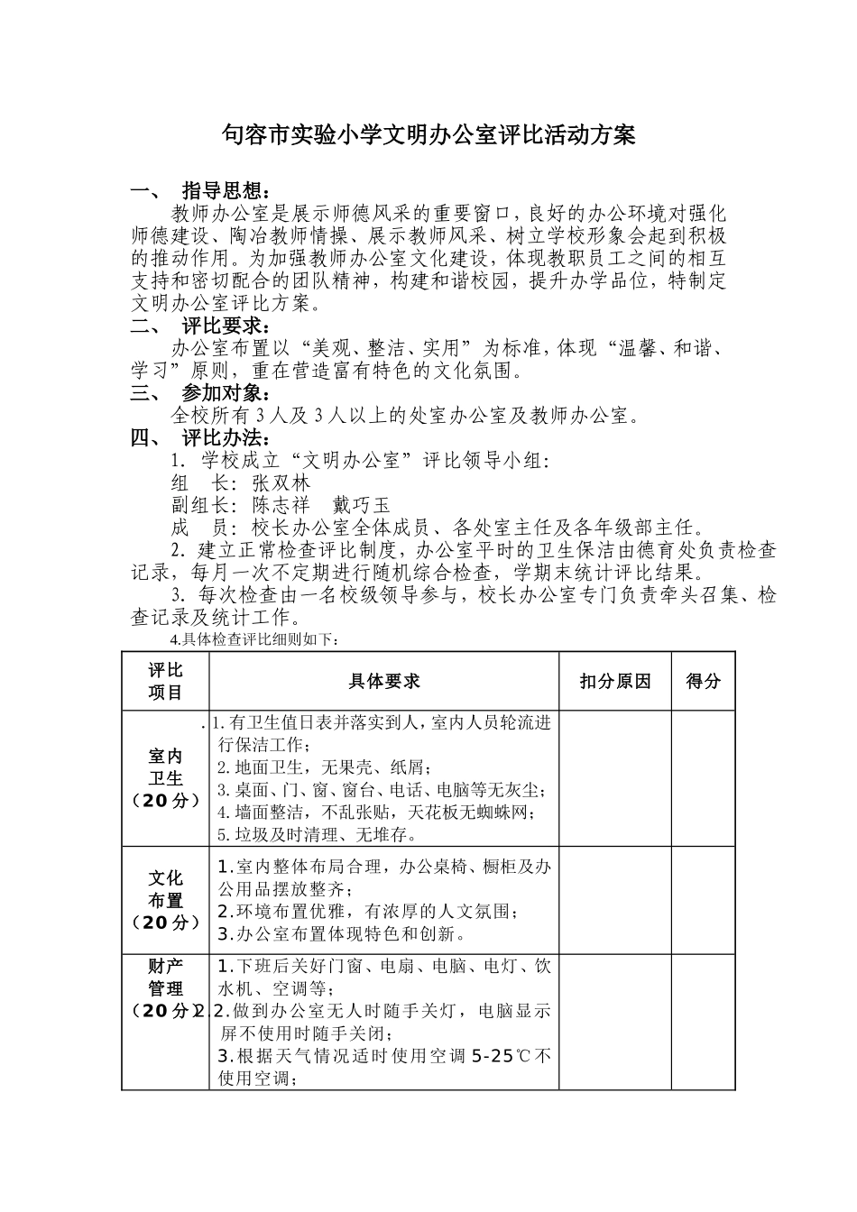 实验小学文明办公室评比活动方案_第1页