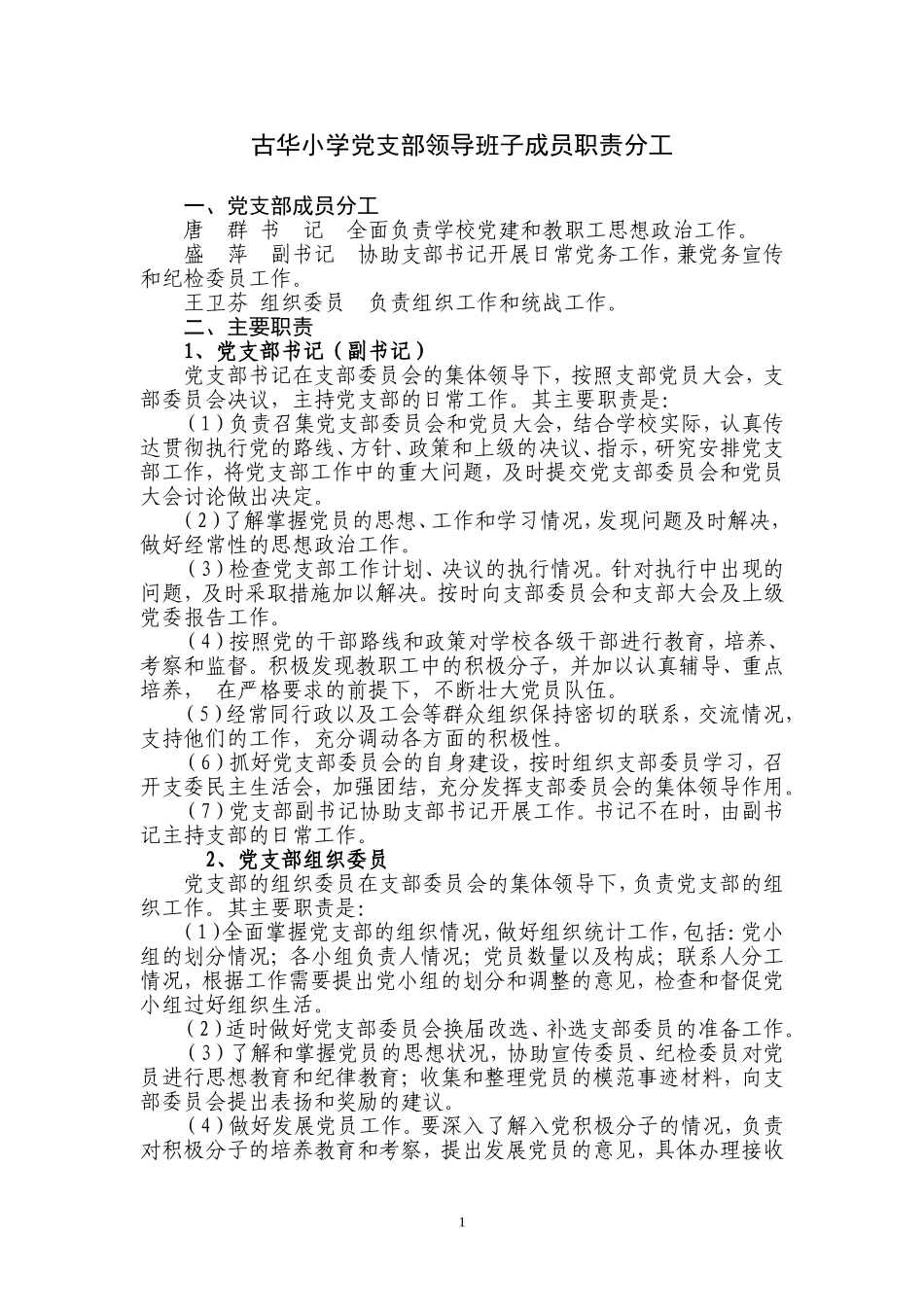 古华小学党支部领导班子成员职责分工_第1页