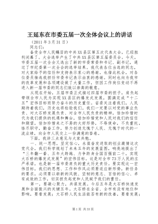 王延东在市委五届一次全体会议上的讲话