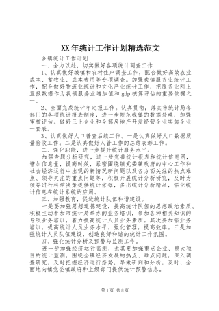 XX年统计工作计划精选范文
