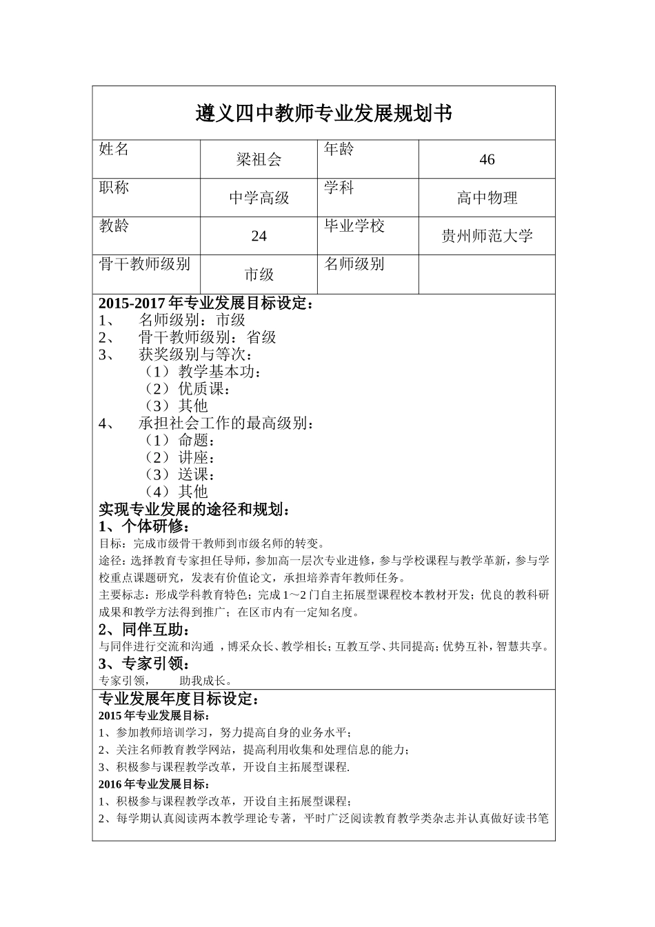 梁祖会---遵义四中教师专业发展规划书_第1页