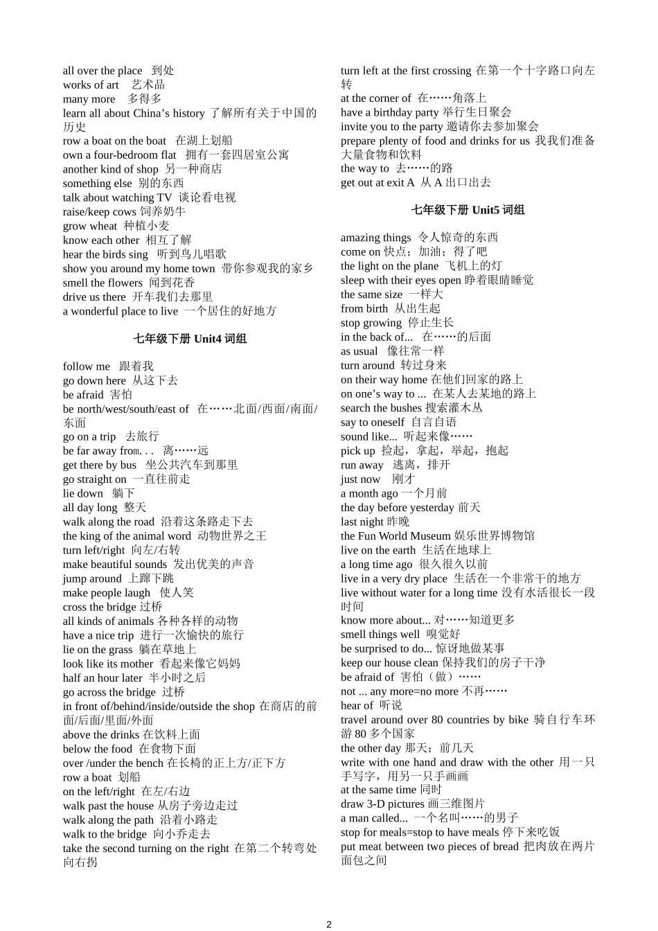 七年级下册+Unit1-8+词组_第2页