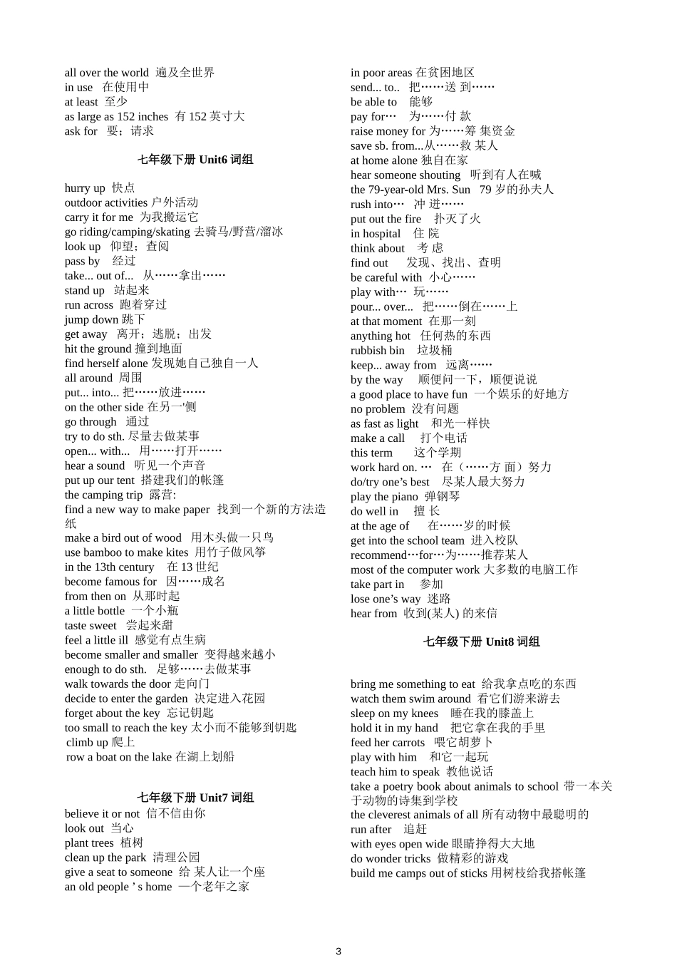 七年级下册+Unit1-8+词组_第3页