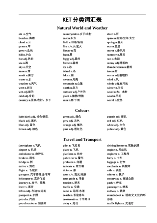 剑桥等级英语KET分类词汇表