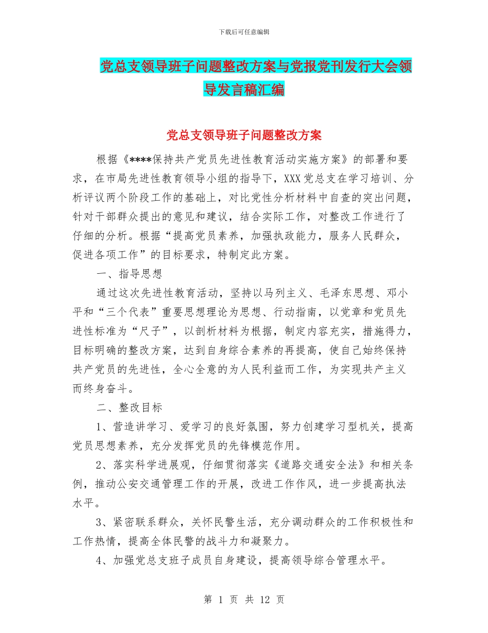 党总支领导班子问题整改方案与党报党刊发行大会领导发言稿汇编_第1页