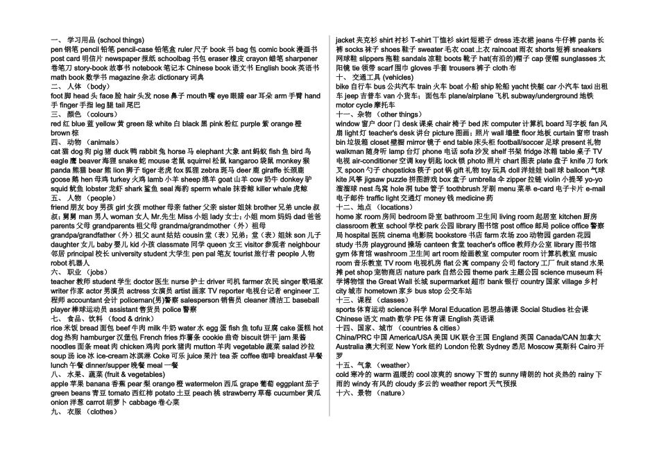 小学英语单词归类表_第1页