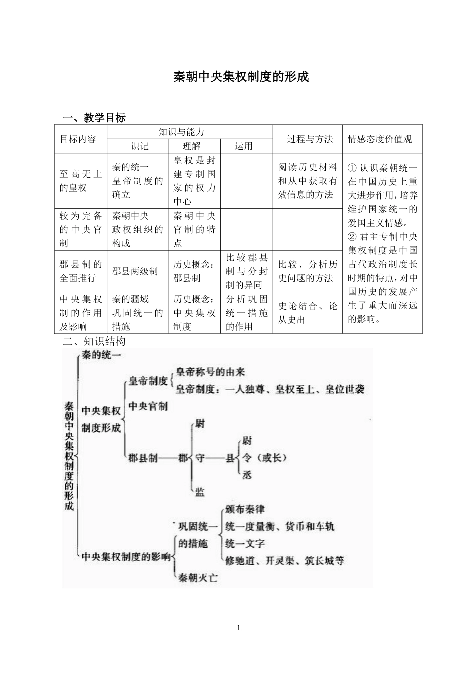 秦朝中央集权制度的形成【人教版】（教案5）_第1页