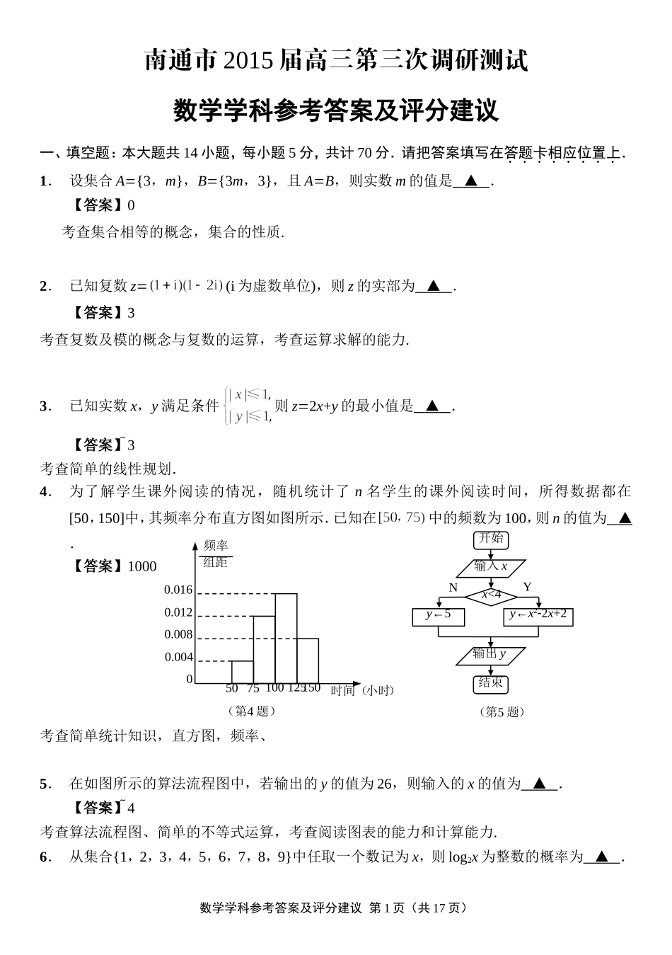 江苏省南通市2015届高三第三次调研测试数学试题（解析版）_第1页