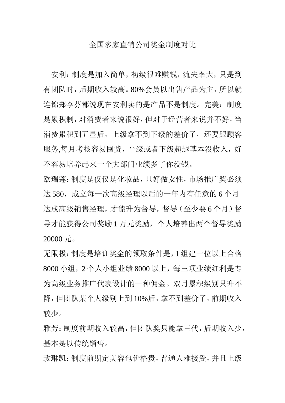 全国多家直销公司奖金制度对比_第1页