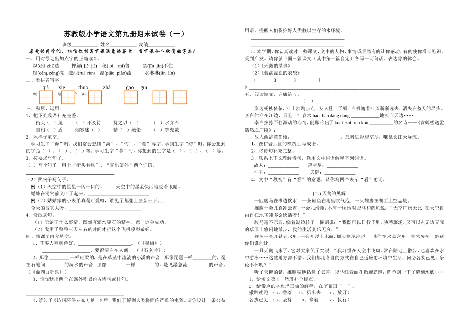 第九册语文期末测试_第1页