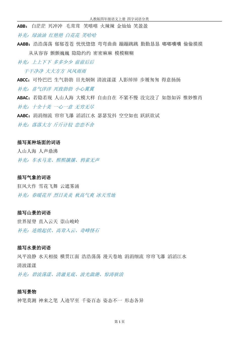 人教版四年级上册语文-四字词语分类(DOC)_第1页